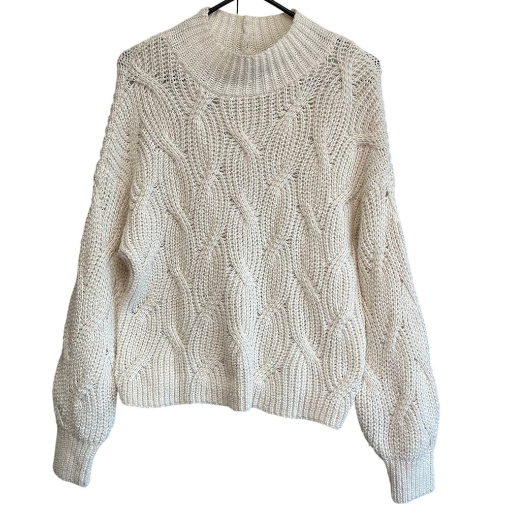 American Eagle Cable Knit Chenille Sweater Cream Fisherman Pullover Mock Neck M